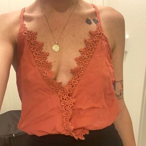 Salmon lace trim crop cami